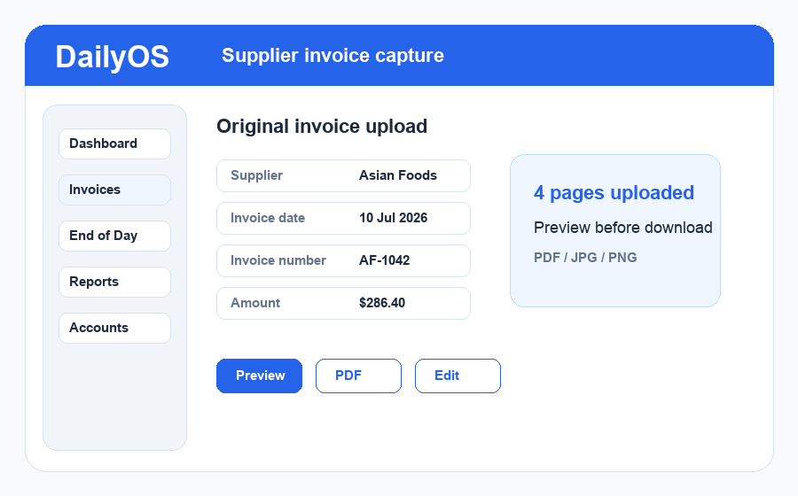 DailyOS supplier invoice screen preview with supplier, invoice date, amount, and uploaded invoice pages