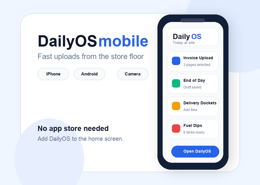 DailyOS mobile preview showing invoice upload and end of day actions on a phone