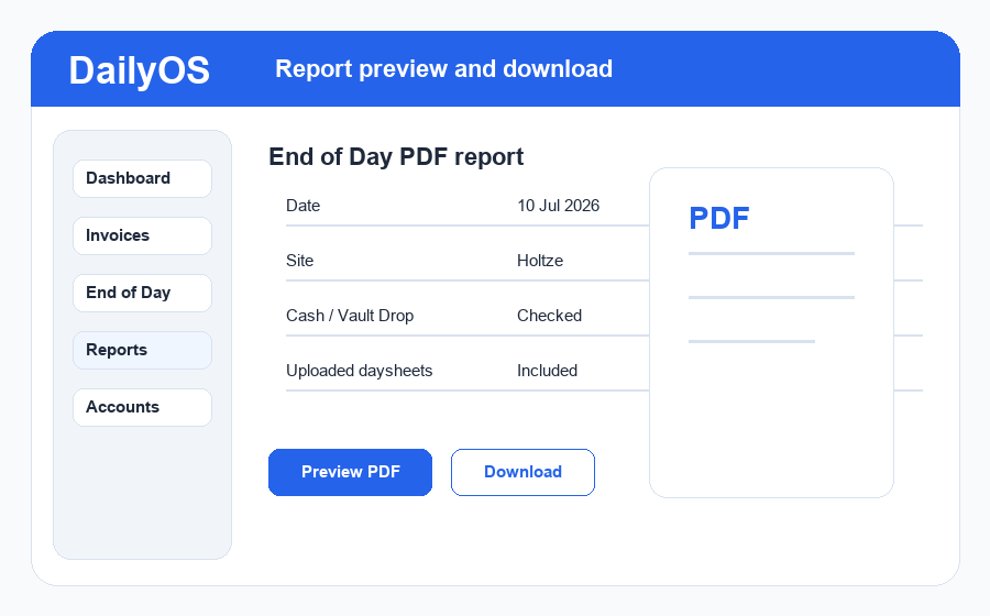 DailyOS report preview screen with date, site, uploaded daysheets, preview PDF, and download buttons